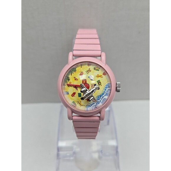 Vintage Temlex Pink Bubble Watch Moving Airplane Manual Wind Beach Pink Vacation - Picture 1 of 12